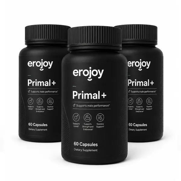 Three bottles of Erojoy Health Primal+ dietary supplement on a white background