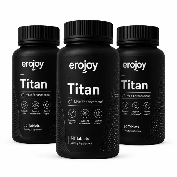 Three bottles of Erojoy Health Titan male enhancement supplement on a white background
