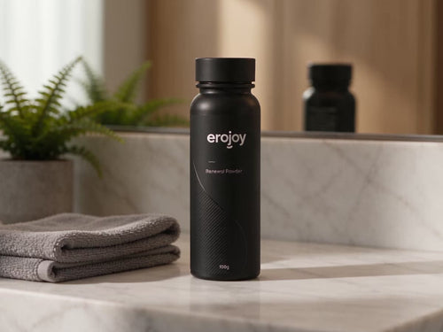Erojoy Fresh Powder photographed in use at home