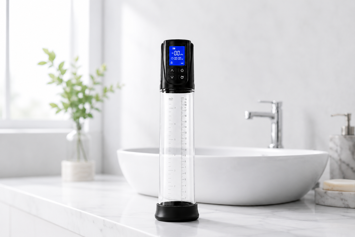 Erojoy Vacumate Automatic pump on a bathroom vanity beside a basin