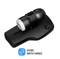 Erojoy X3 automatic stroker mounted on its base with the sync-with-video badge