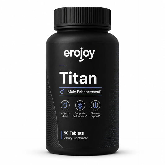 Erojoy Health Titan male enhancement supplement bottle on a white background