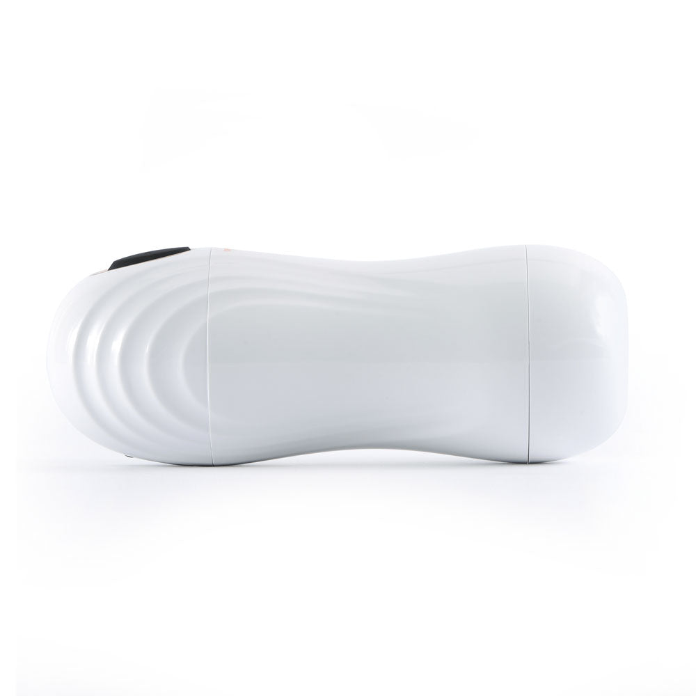 Erojoy Pro stroker side view showing its ribbed white casing