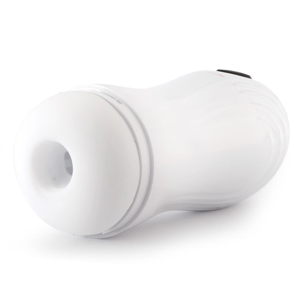 Erojoy Pro stroker tilted to show the soft open sleeve entry