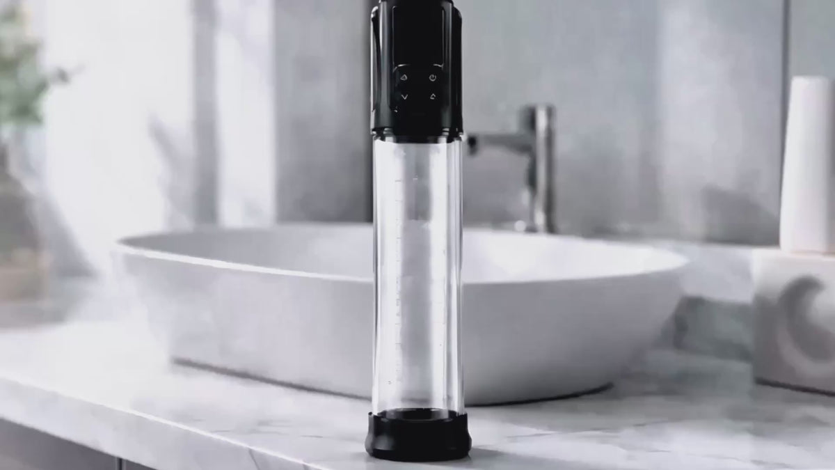 Erojoy Vacumate Automatic penis pump standing on a bathroom counter