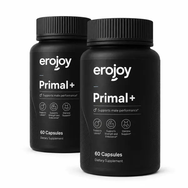 Two bottles of Erojoy Health Primal+ dietary supplement on a white background