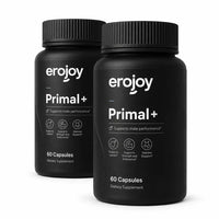 Two bottles of Erojoy Health Primal+ dietary supplement on a white background