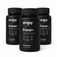 Three bottles of Erojoy Health Primal+ dietary supplement on a white background