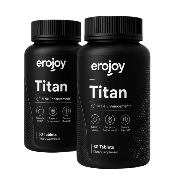Two bottles of Erojoy Health Titan male enhancement supplements on a white background