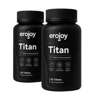 Two bottles of Erojoy Health Titan male enhancement supplements on a white background